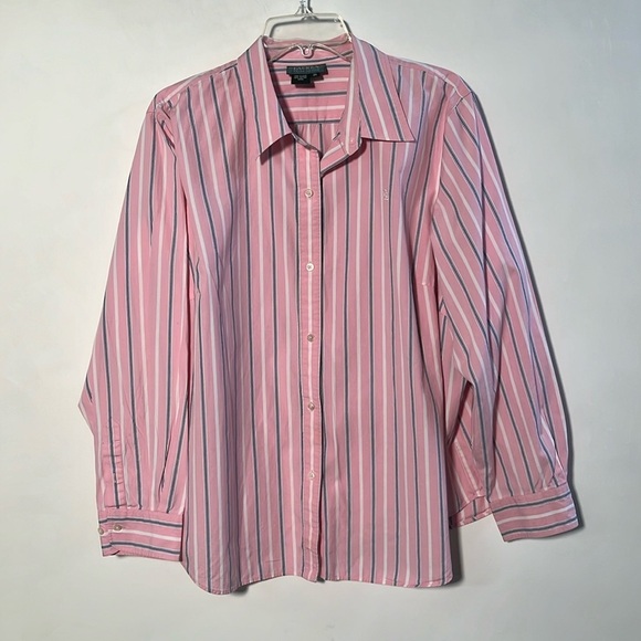 RALPH LAUREN Preppy Stripe Cotton Long SLV Button Down Career Blouse SZ 2X - Picture 1 of 16